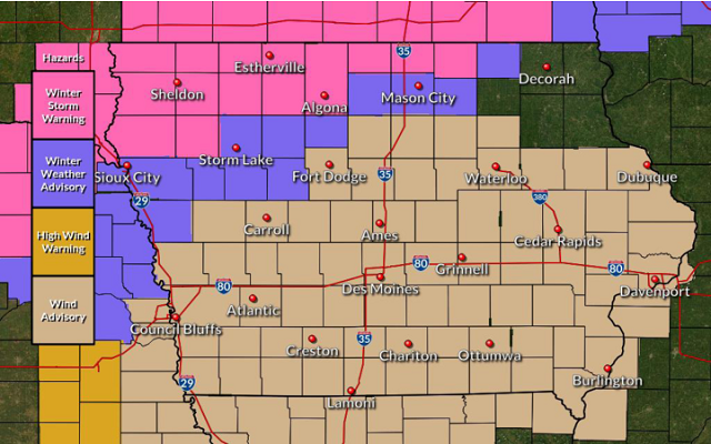 WINTER STORM WARNING for Kossuth, Worth, Winnebago, Mitchell, Mower MN, Freeborn MN and Faribault MN and a WINTER WEATHER ADVISORY for Cerro Gordo, Floyd, Hancock and Humboldt counties through early Monday morning.