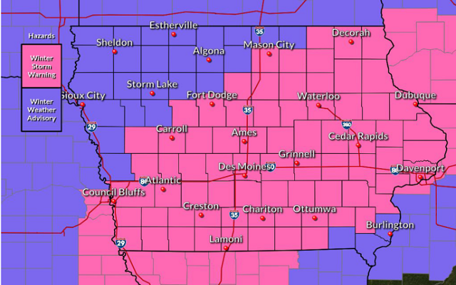 A WINTER STORM WARNING and WINTER WEATHER ADVISORY are in effect for northern Iowa and southern Minnesota through Wednesday morning